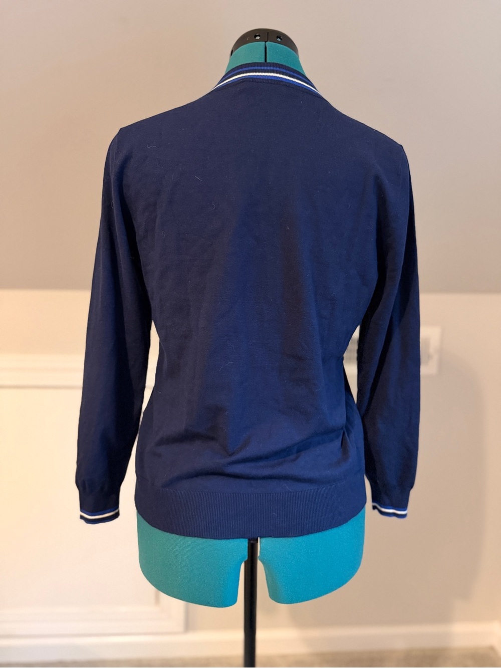 Peter Millar Navy V-Neck Sweater with Blue and White Stripe Trim - Picture 2 of 5